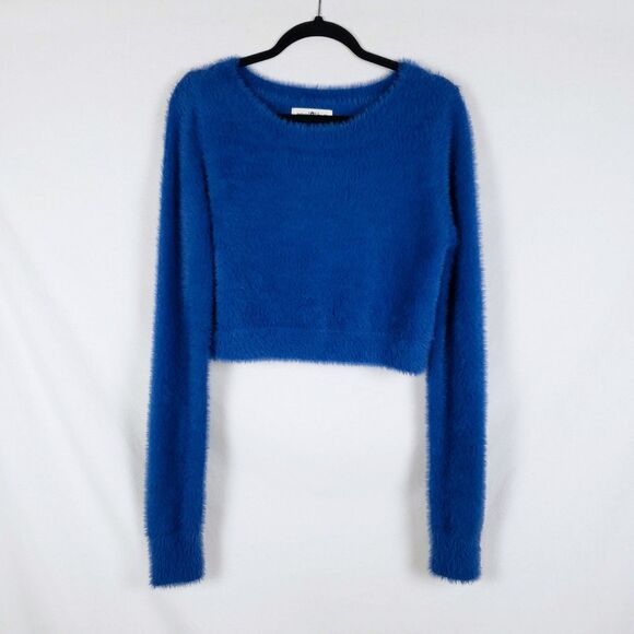 Natural Life Cropped Sweater Womens M Fuzzy Cobalt Blue Wide Neck Dopamine *Flaw - Picture 1 of 8